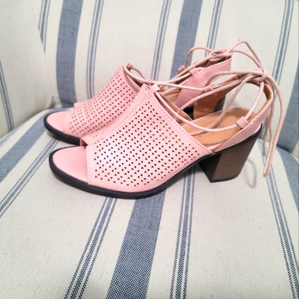 Sz 6 Caged Cutout Ankle Strap Dress Block Heel Sandals